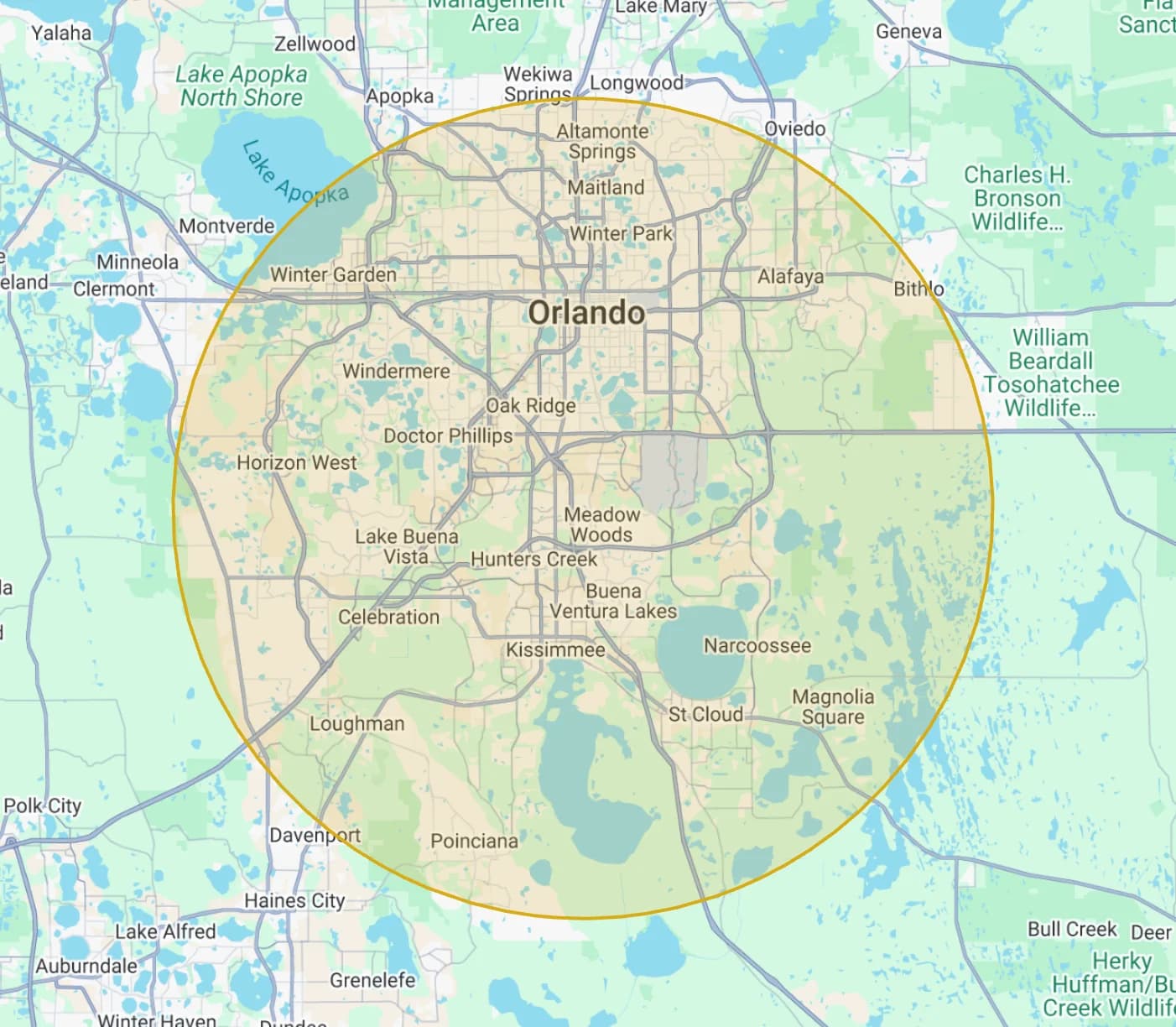 SuraWell mobile IV therapy service area: a 30-mile radius around Greater Orlando covering Winter Park, Windermere, Winter Garden, Altamonte Springs, Kissimmee, St. Cloud, Poinciana, Lake Buena Vista, and surrounding Central Florida communities.